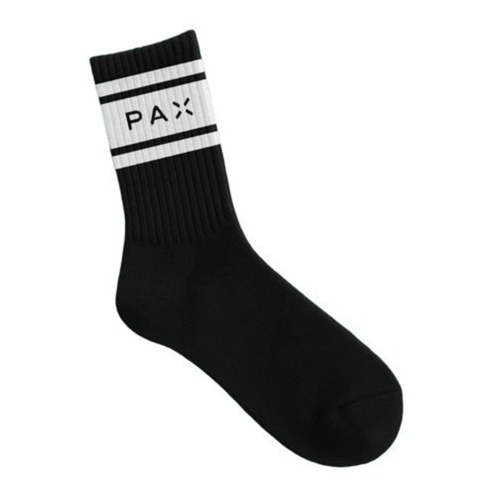 PAX Labs Black Crew Socks Athletic Ribbed White‎ Striped Logo One Size